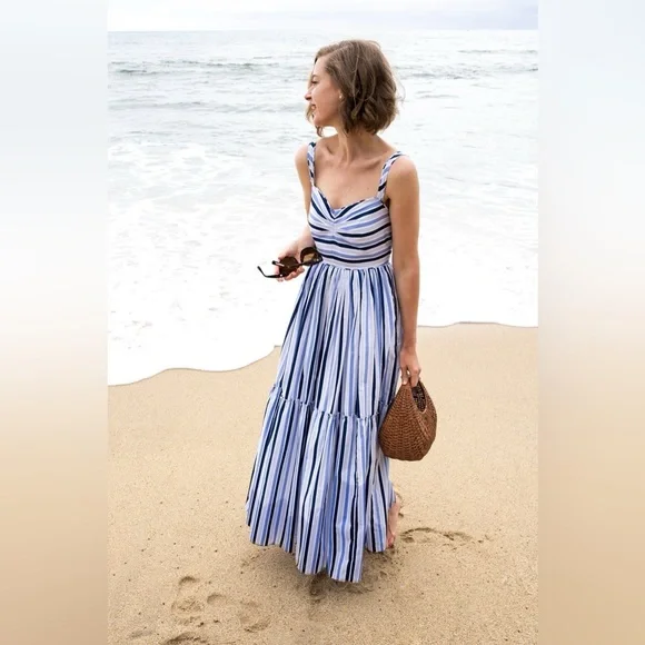 J. CREW Shirting Stripe Tiered Maxi Dress Size 6 Spaghetti Straps 100# Cotton - Picture 1 of 16